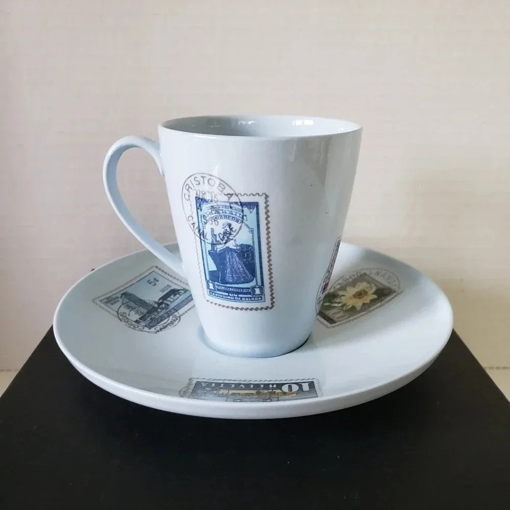 Unique  Light Blue Postal Stamps Mini Tea Cup and Saucer.